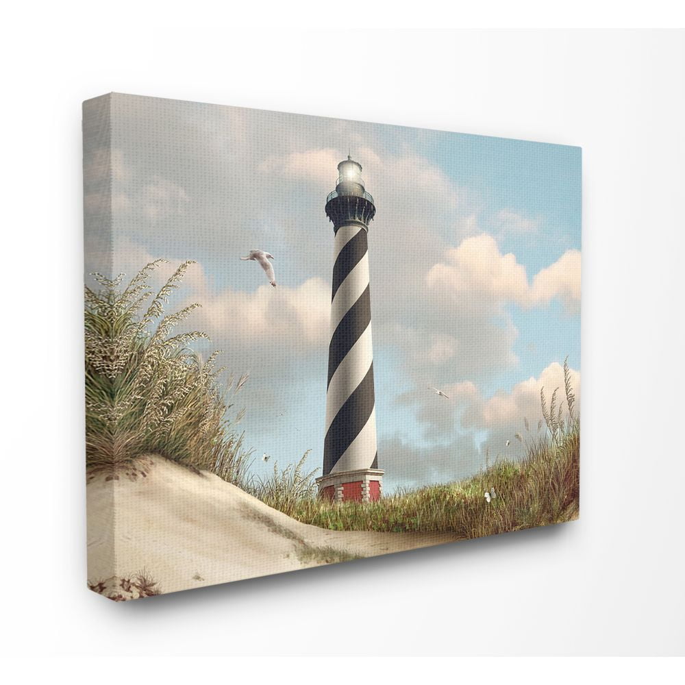 The Stupell Home Decor Collection Cape Hatteras Black and White Swirl Shore Side Lighthouse with Sand Dune Super Canvas Wall Art
