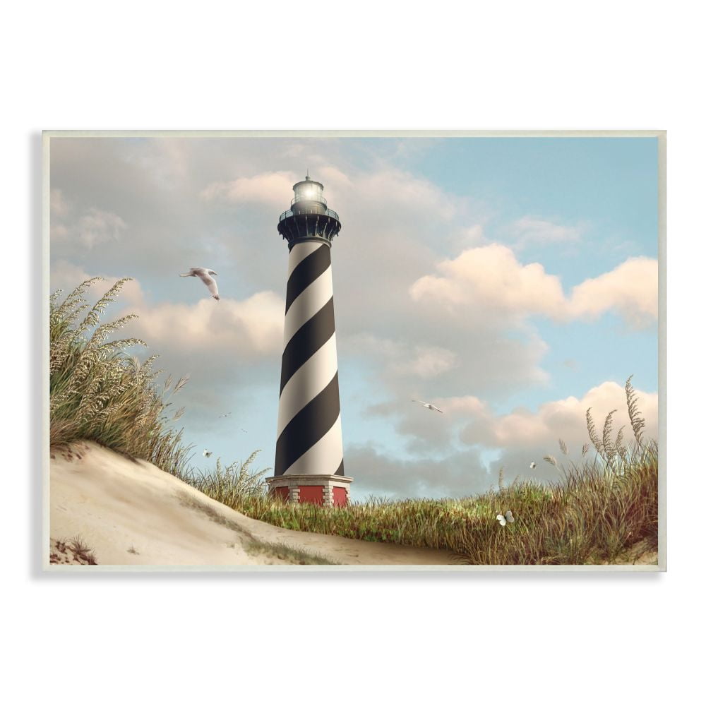 The Stupell Home Decor Collection Cape Hatteras Black and White Swirl Shore Side Lighthouse with Sand Dune Wall Plaque Art
