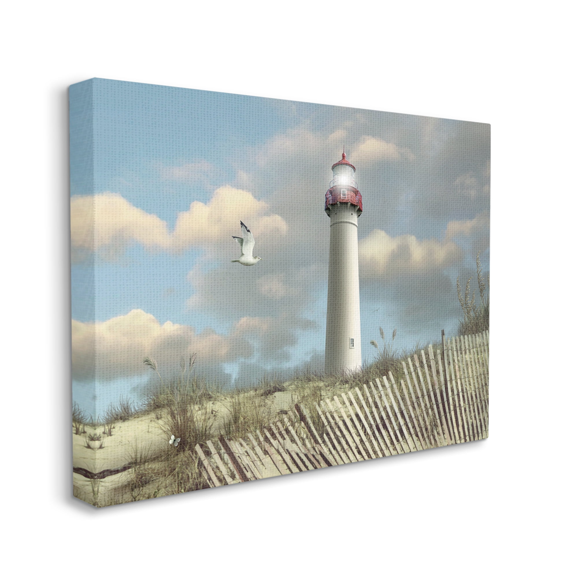 The Stupell Home Decor Collection Cape May Sand Dune Fence Lighthouse Beach Scene with Seagull Canvas Wall Art