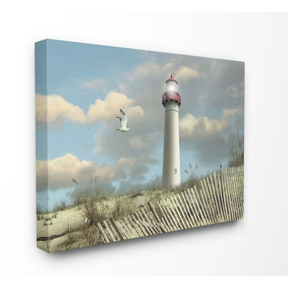 The Stupell Home Decor Collection Cape May Sand Dune Fence Lighthouse Beach Scene with Seagull Super Canvas Wall Art