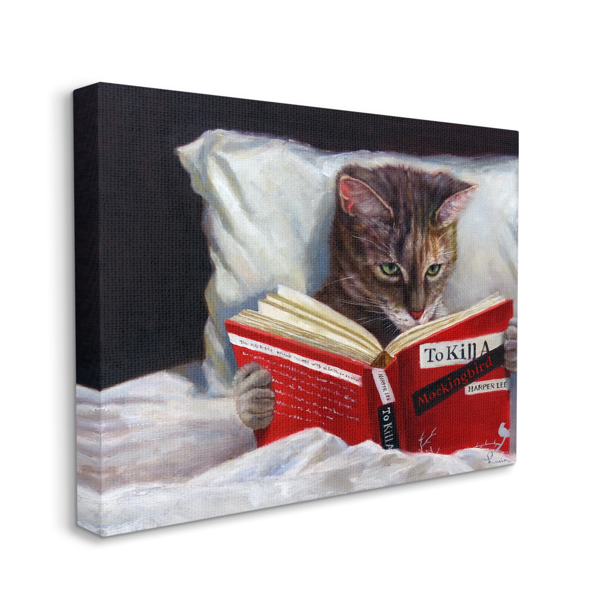 The Stupell Home Decor Collection Cat Reading a Book in Bed Funny Painting Stretched Canvas Wall Art, 16 x 1.5 x 20