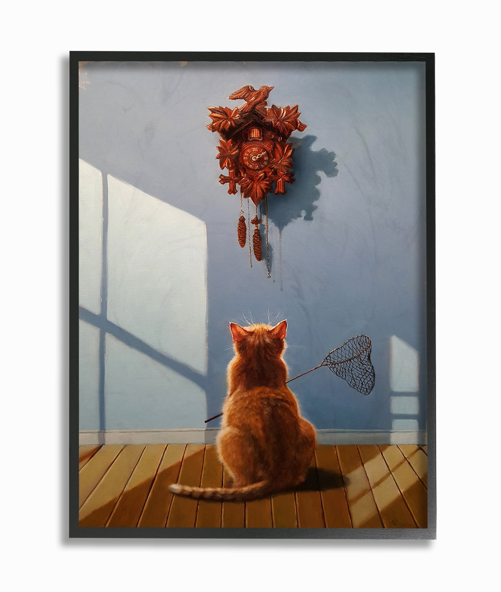 The Stupell Home Decor Collection Cat Waiting For The Cuckoo Clock Funny Dramatic Painting Framed Giclee Texturized Art, 11 x 1.5 x 14