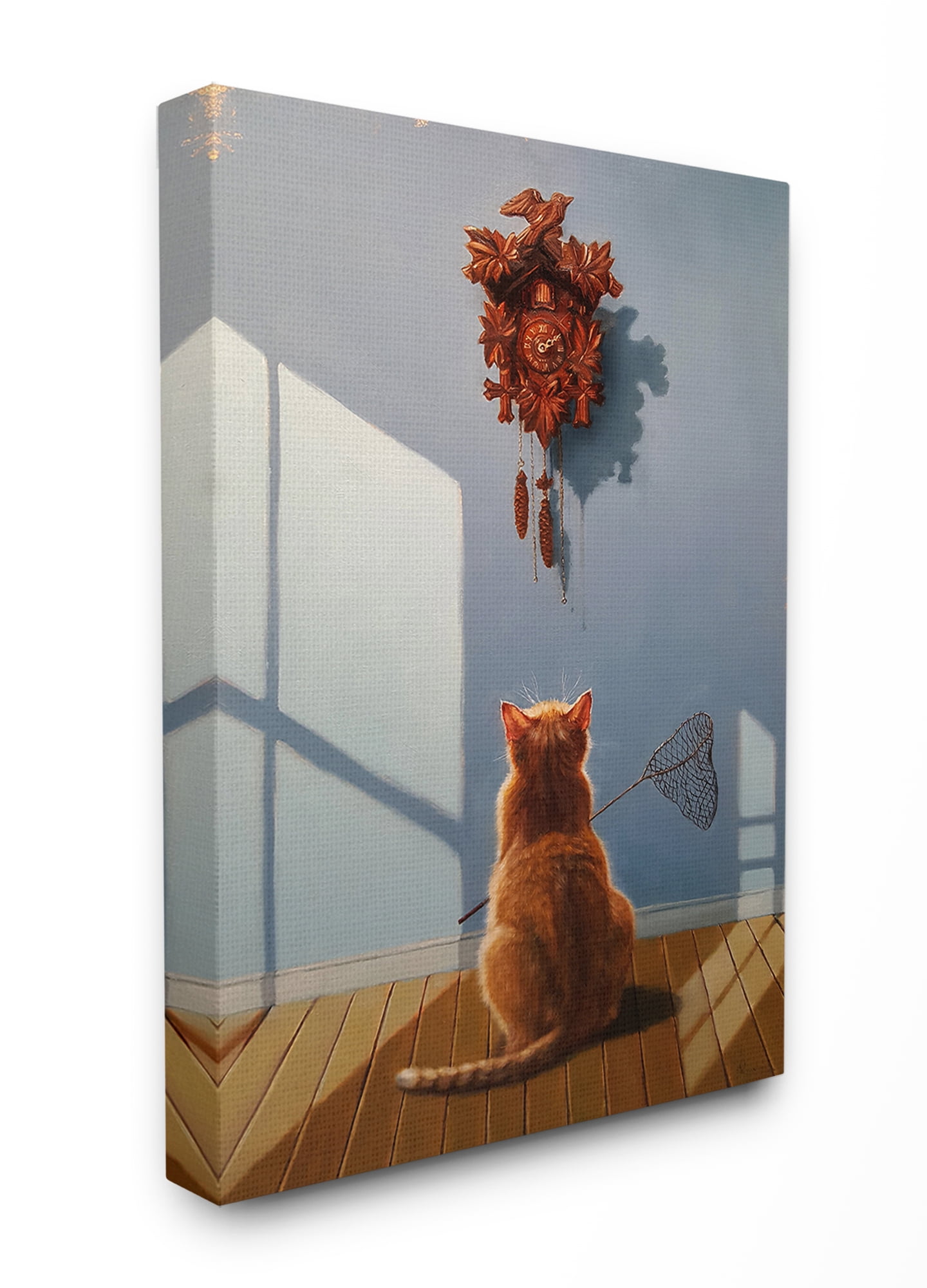 The Stupell Home Decor Collection Cat Waiting For The Cuckoo Clock Funny Dramatic Painting Oversized Stretched Canvas Wall Art, 24 x 1.5 x 30