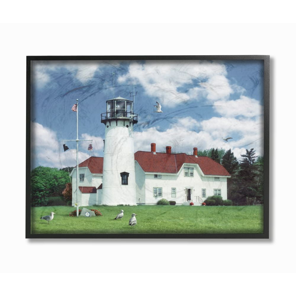 The Stupell Home Decor Collection Chatham Lighthouse Bright Green Hill Blue Sky and Red Roof Framed Giclee Texturized Art