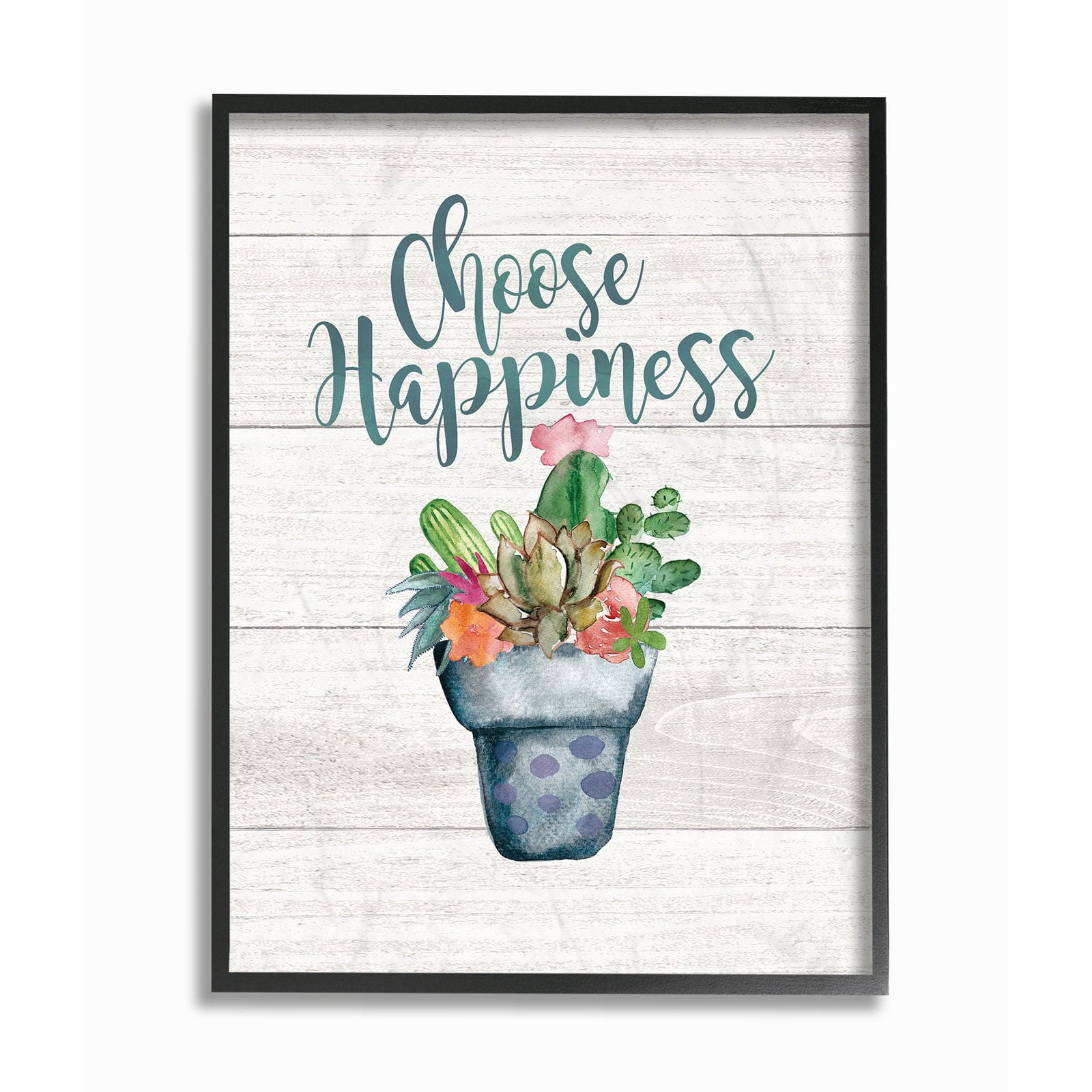 The Stupell Home Decor Collection Choose Happiness Cactus Succulents Watercolor Framed Giclee Texturized Art, 11 x 1.5 x 14