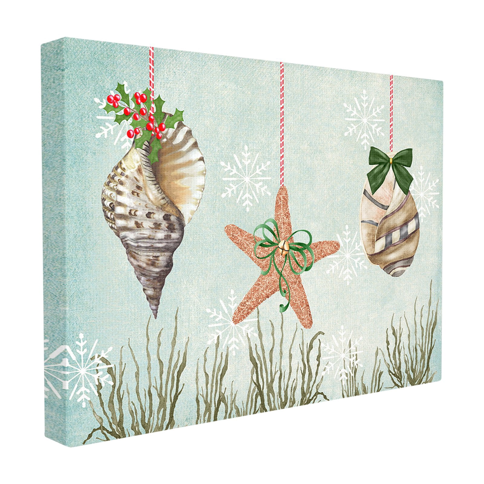 The Stupell Home Decor Collection Coastal Nautical Holiday Sea Shell Ornaments And Snowflakes Oversized Stretched Canvas Wall Art, 24 x 1.5 x 30