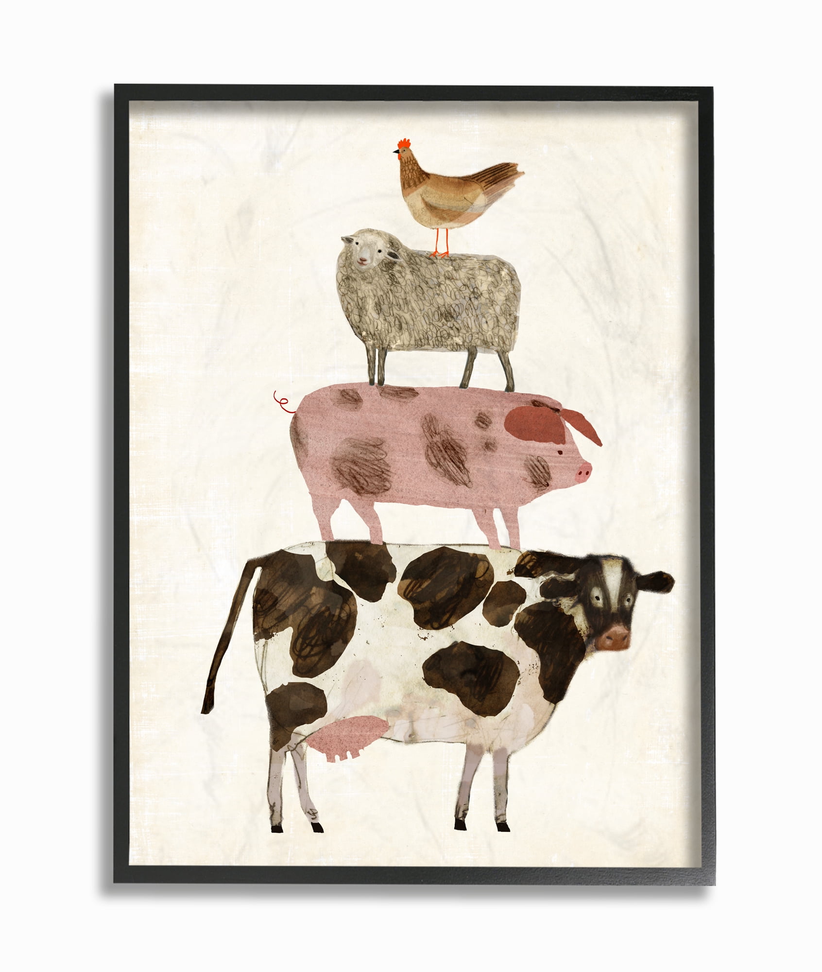 The Stupell Home Decor Collection Cow Sheep Pig and Chicken Barnyard Buds Stacked Farm Animals Oversized Framed Giclee Texturized Art, 16 x 1.5 x 20