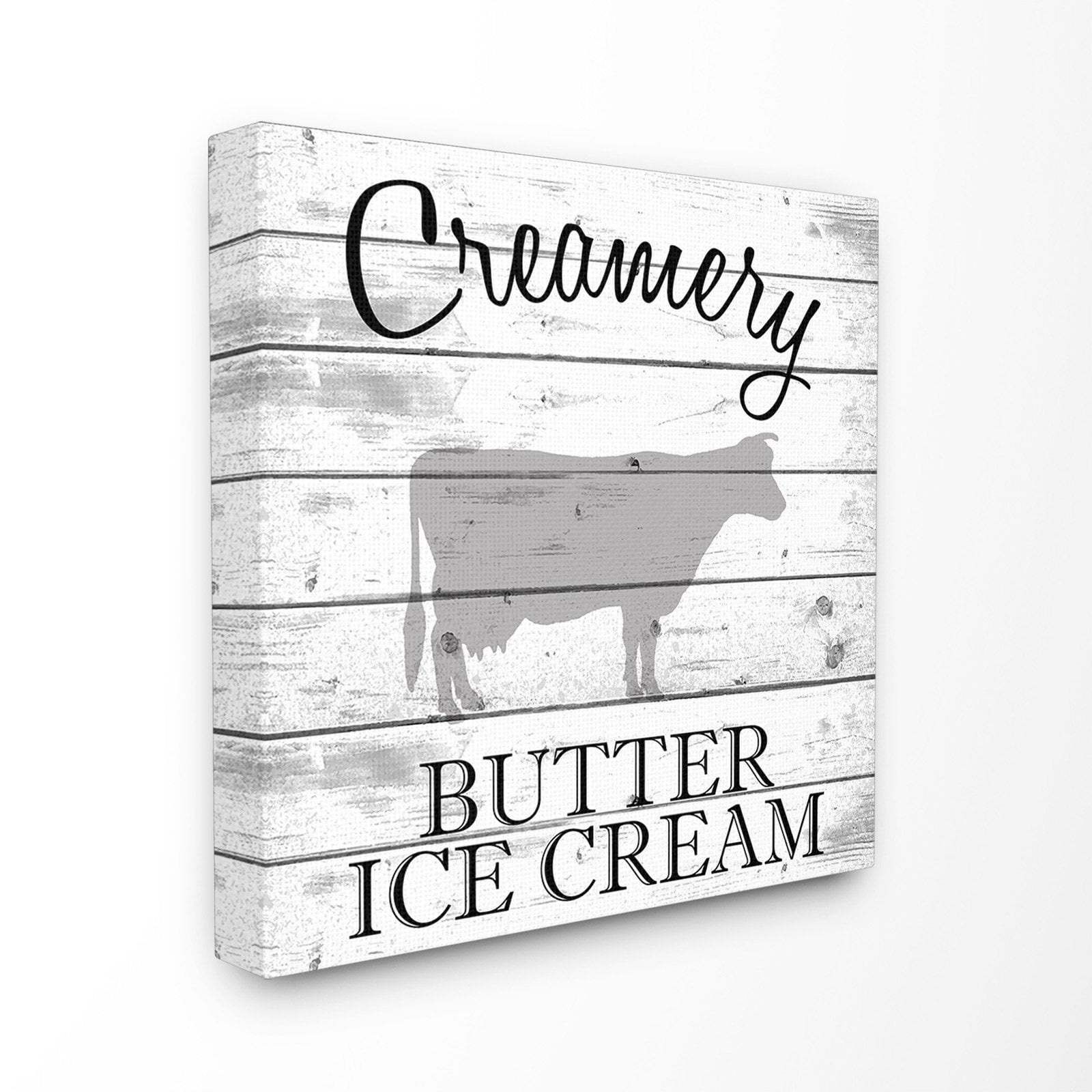 the stupell home decor collection creamery cow butter ice cream grey and white planked look stretched canvas wall art, 30 x 1.5 x 30