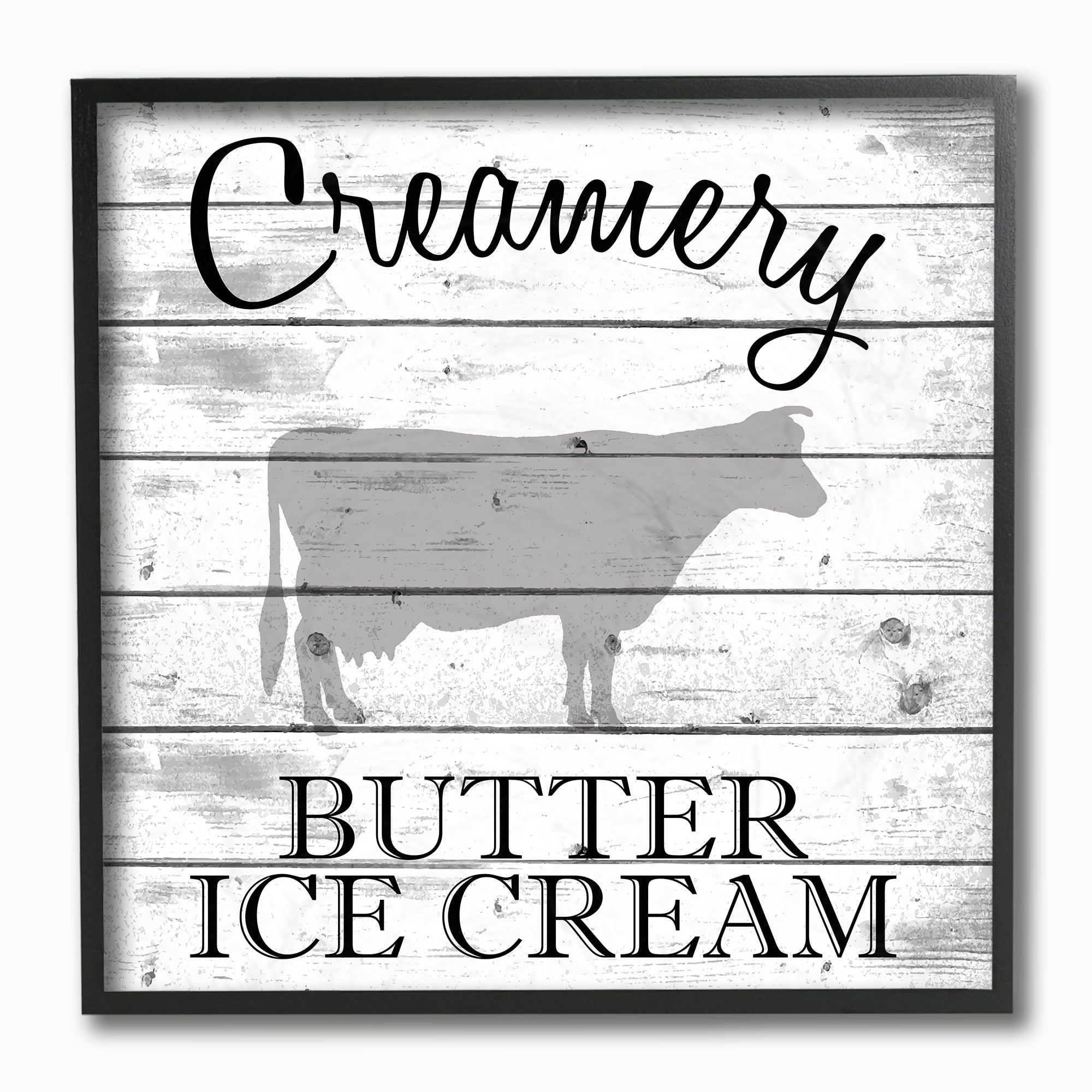 The Stupell Home Decor Collection Creamery Cow Butter Ice Cream Grey and White Planked Look Framed Giclee Texturized Art, 12 x 1.5 x 12