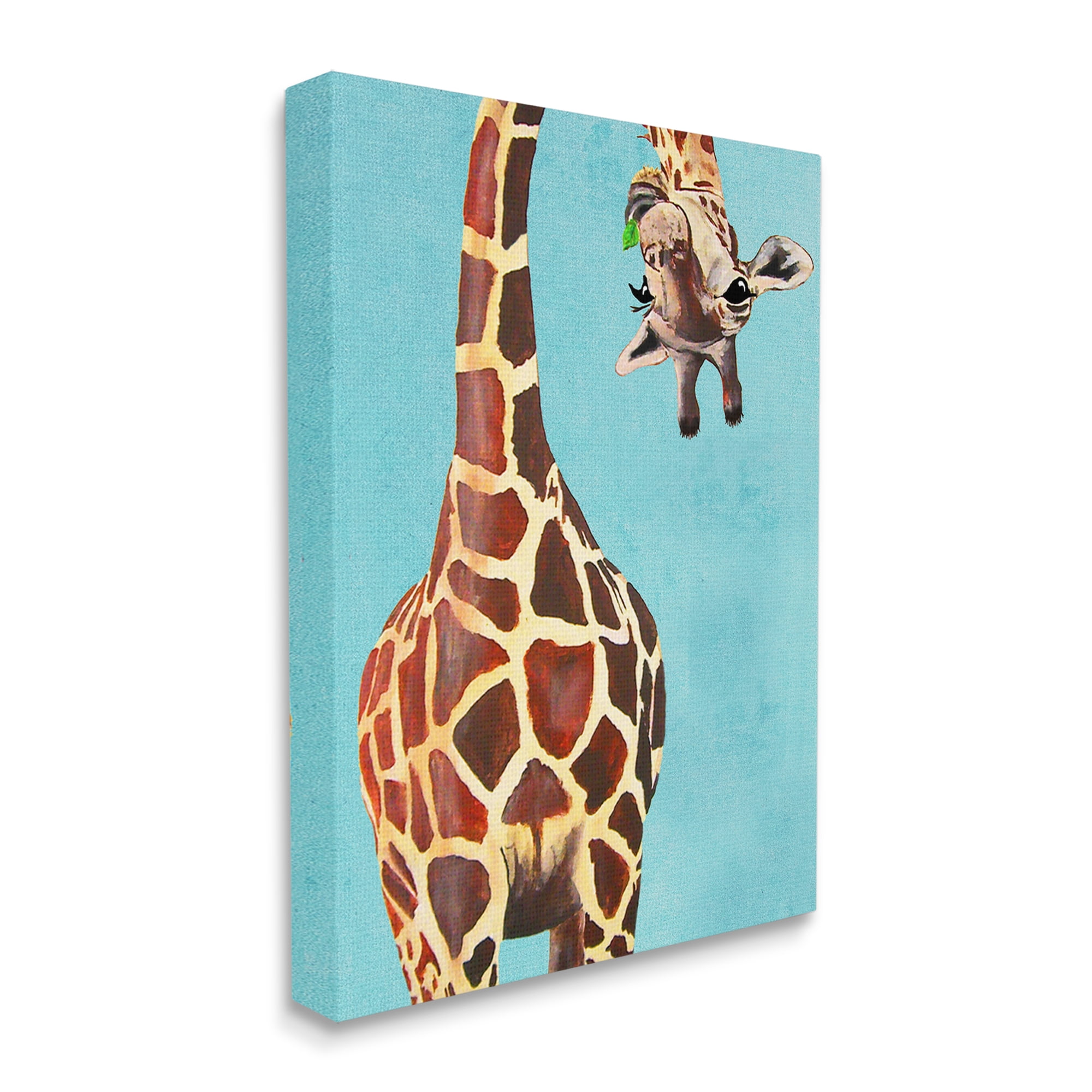 Curious Giraffe Chewing Leaves Canvas Wall Art in Blue Background