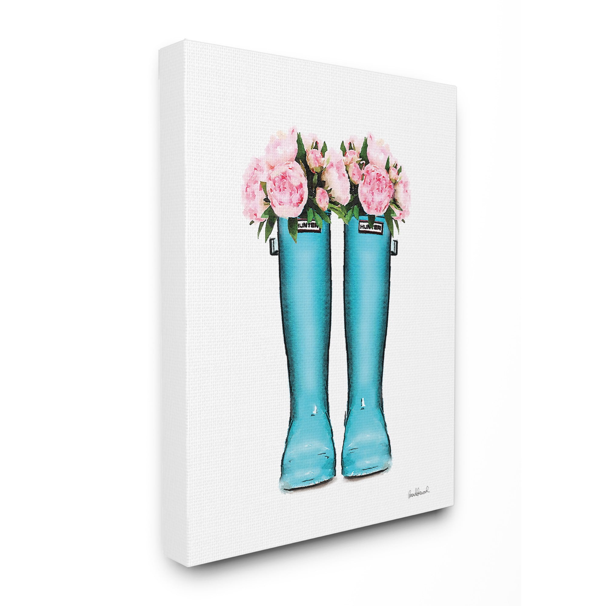 The Stupell Home Decor Collection Cyan Boots Pink Flowers Watercolor Stretched Canvas Wall Art, 16 x 1.5 x 20