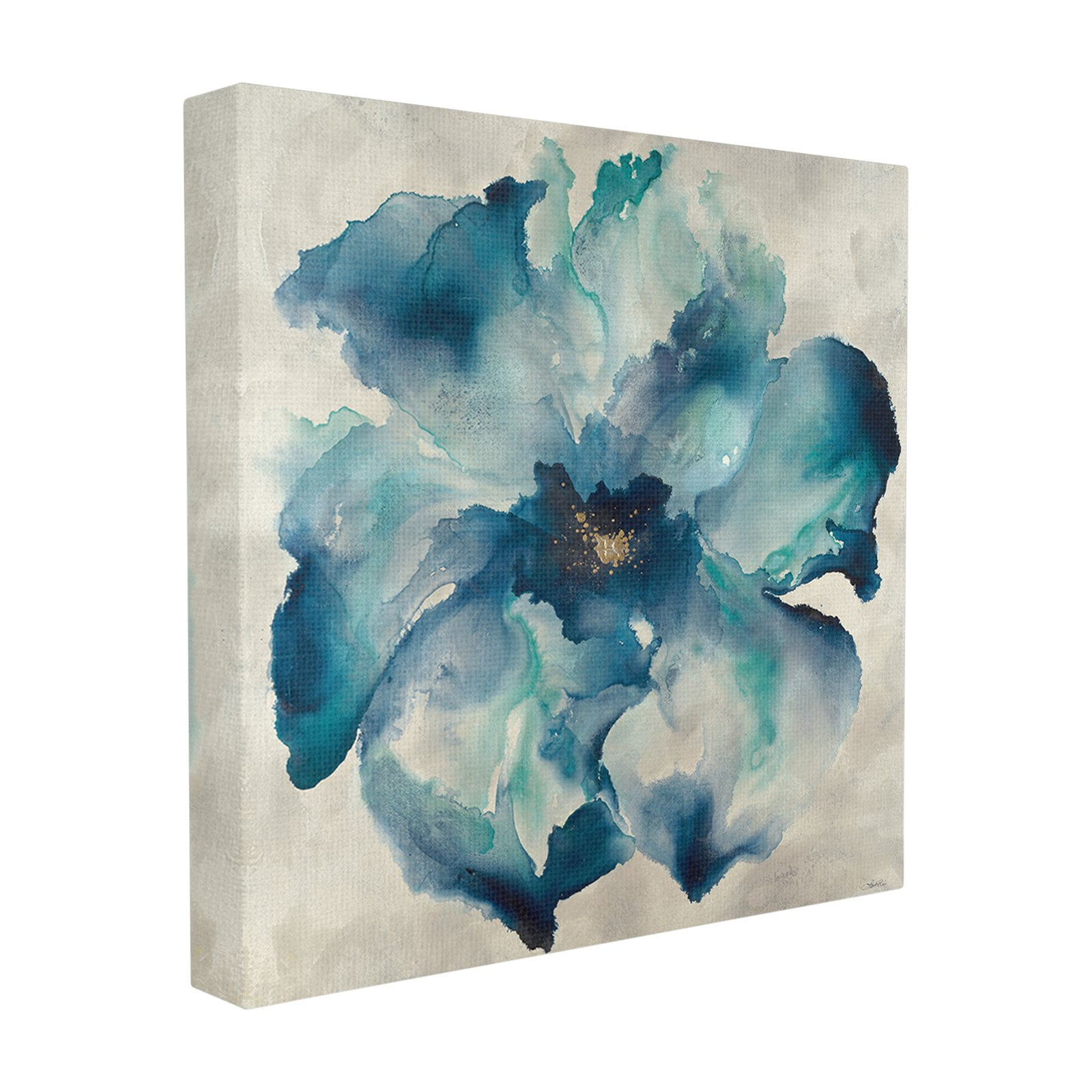The Stupell Home Decor Collection Dark Misty Blue Watercolor Flower Painting Stretched Canvas Wall Art, 17 x 1.5 x 17