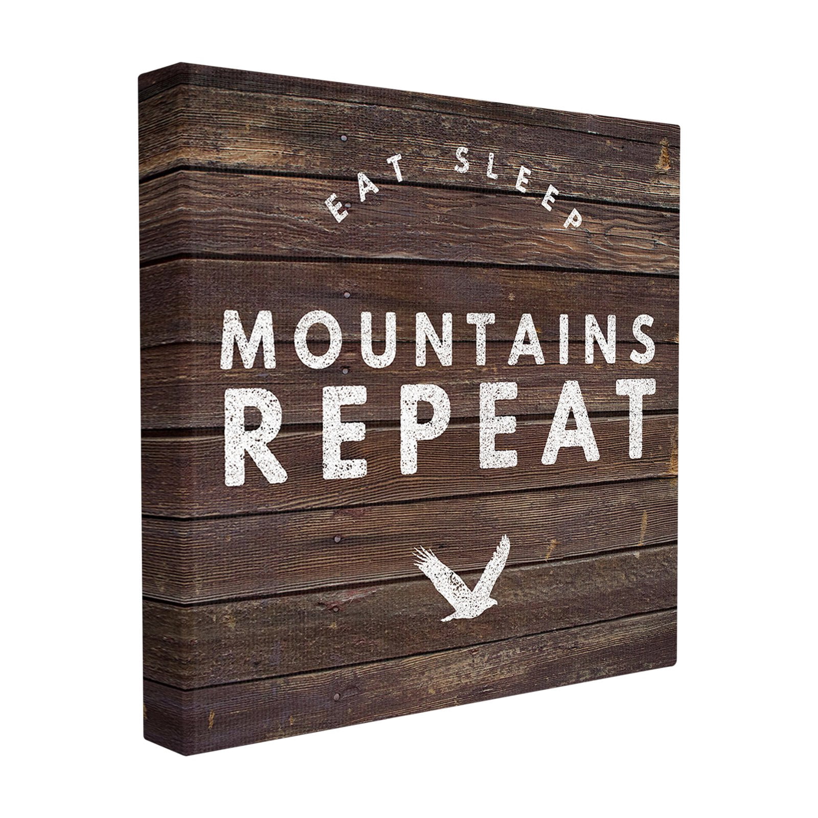 The Stupell Home Decor Collection Dark Wood Planked Look Eat Sleep Mountains Repeat Typography Oversized Stretched Canvas Wall Art, 24 x 1.5 x 24