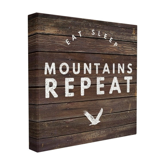 The Stupell Home Decor Collection Dark Wood Planked Look Eat Sleep Mountains Repeat Typography Stretched Canvas Wall Art, 17 x 1.5 x 17