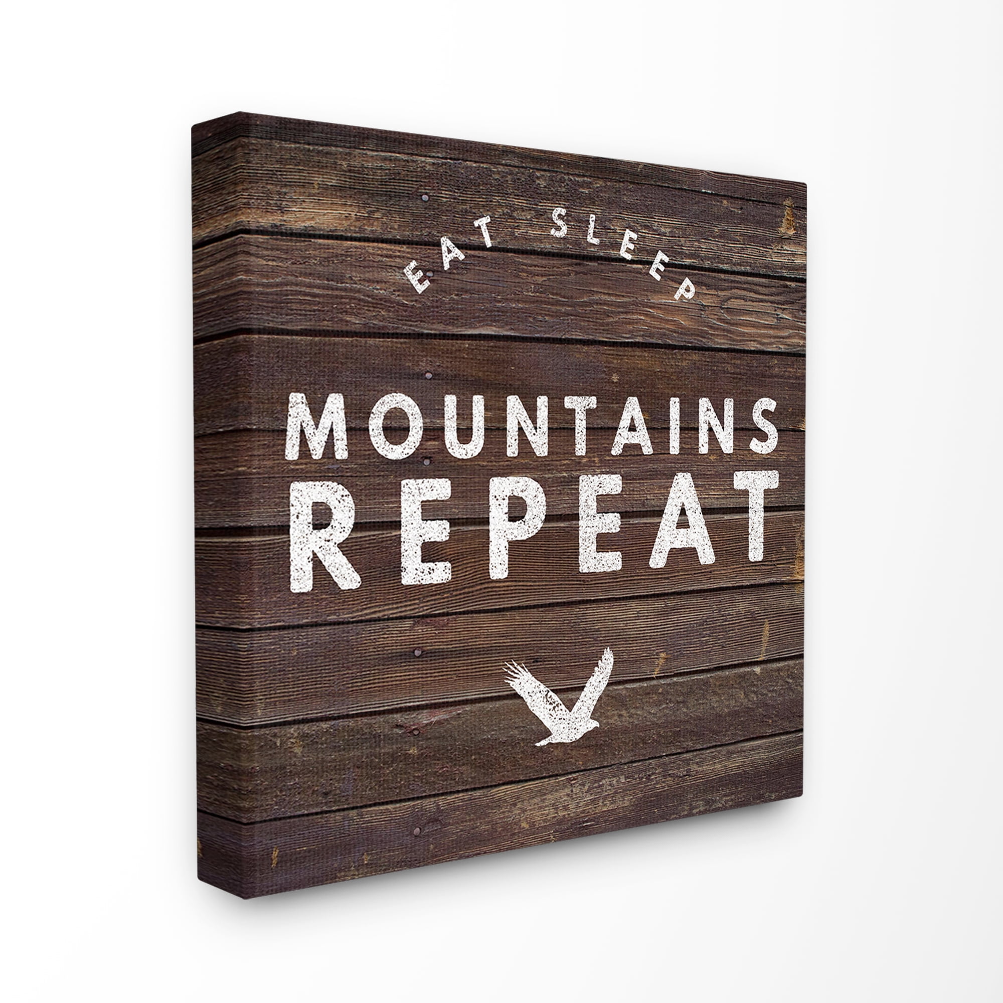 The Stupell Home Decor Collection Dark Wood Planked Look Eat Sleep Mountains Repeat Typography XL Stretched Canvas Wall Art, 30 x 1.5 x 30