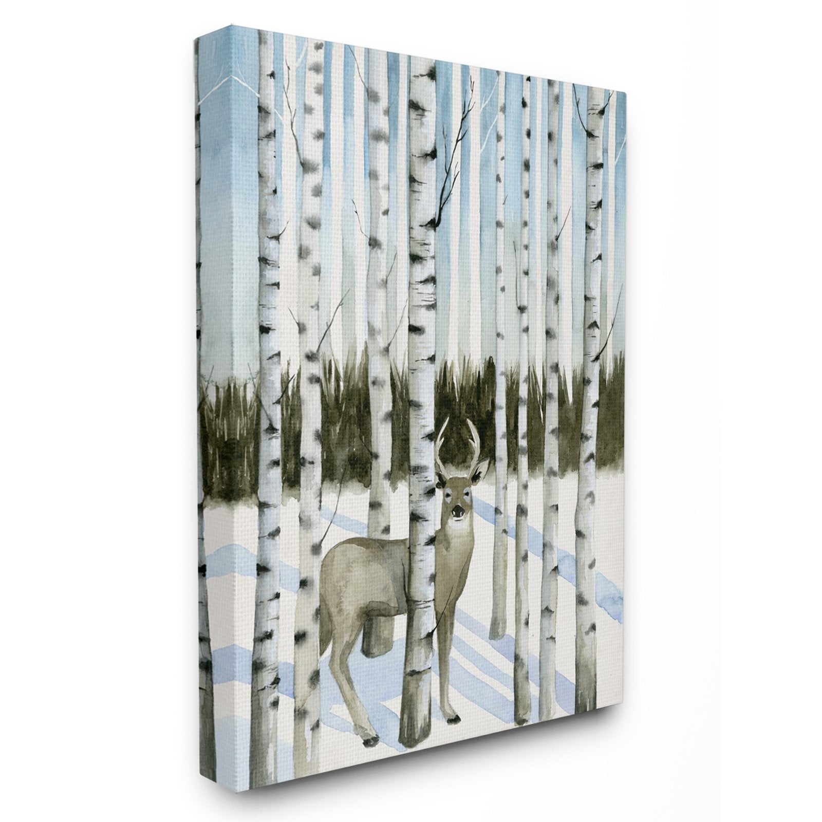 Deer in Snow and Birch Trees Watercolor Canvas Art 16 x 20