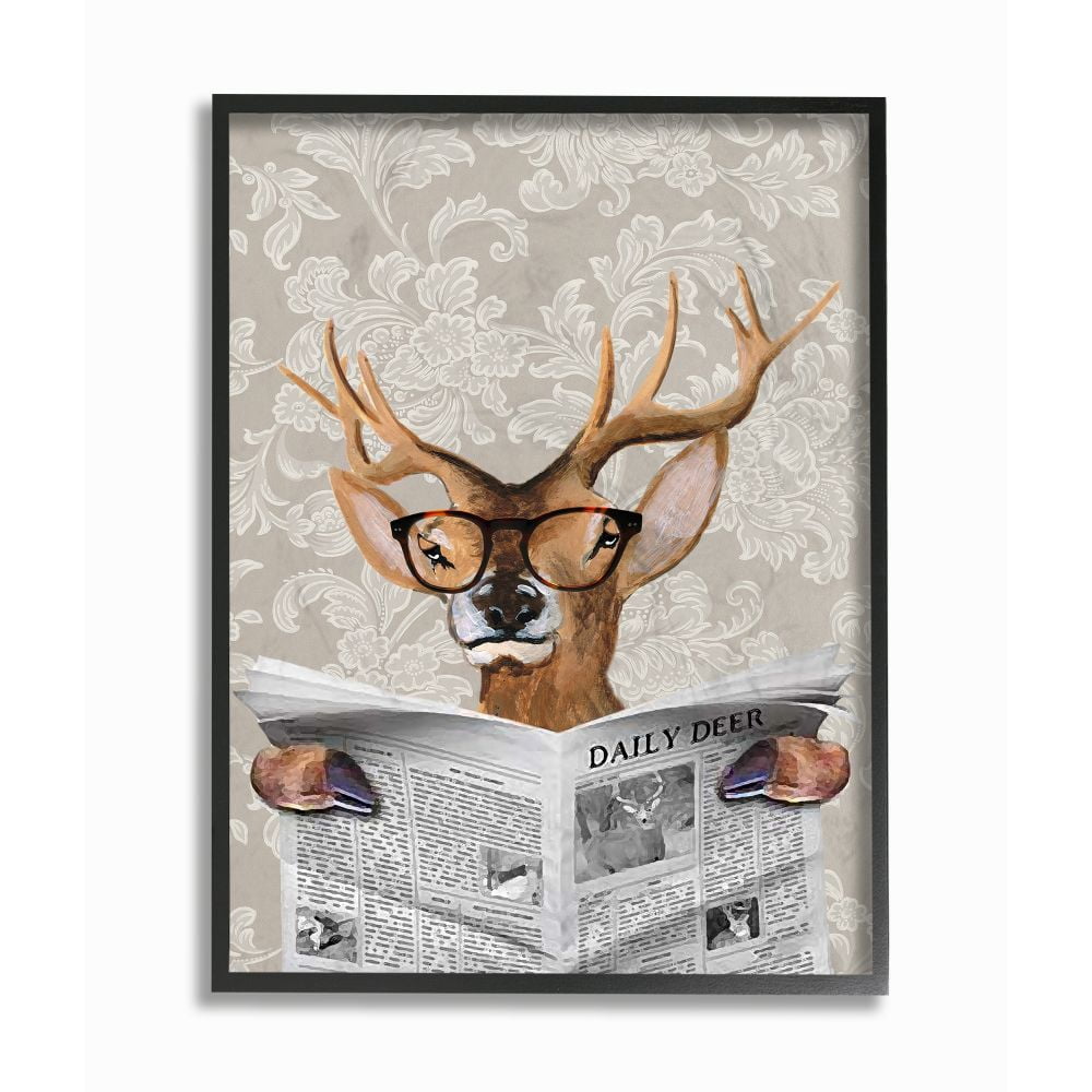 Deer Reading Newspaper Framed Giclee Textured Wall Art