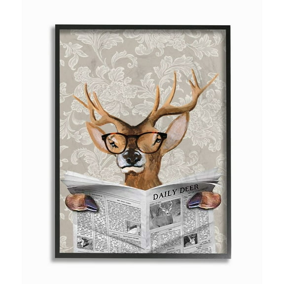 The Stupell Home Decor Collection Deer Reading Newspaper With Big Glasses Framed Giclee Texturized Art