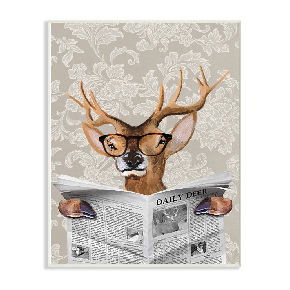 The Stupell Home Decor Collection Deer Reading Newspaper With Big Glasses Wall Plaque Art