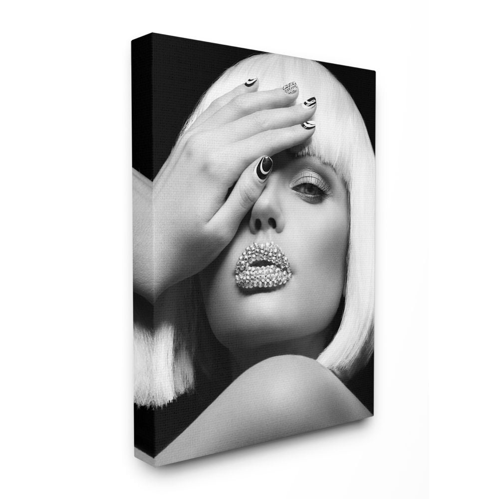 The Stupell Home Decor Collection Diamond Lips Fashion Model Black and White Portrait Canvas Wall Art