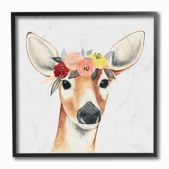 The Stupell Home Decor Collection Doe Eyed Deer in Flower Crown Framed Giclee Texturized Art, 12 x 1.5 x 12