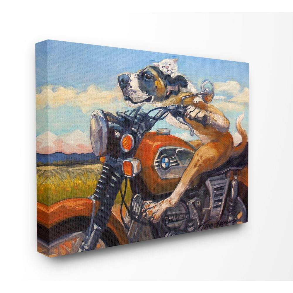 The Stupell Home Decor Collection Dog And Cat on a Red Motorcycle Road Trip Painting Stretched Canvas Wall Art, 24 x 30