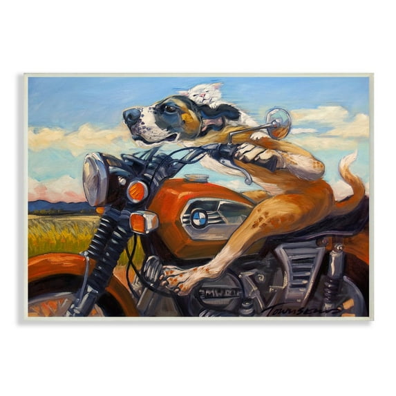The Stupell Home Decor Collection Dog And Cat on a Red Motorcycle Road Trip Painting Wall Plaque Art, 12.5 x 18.5