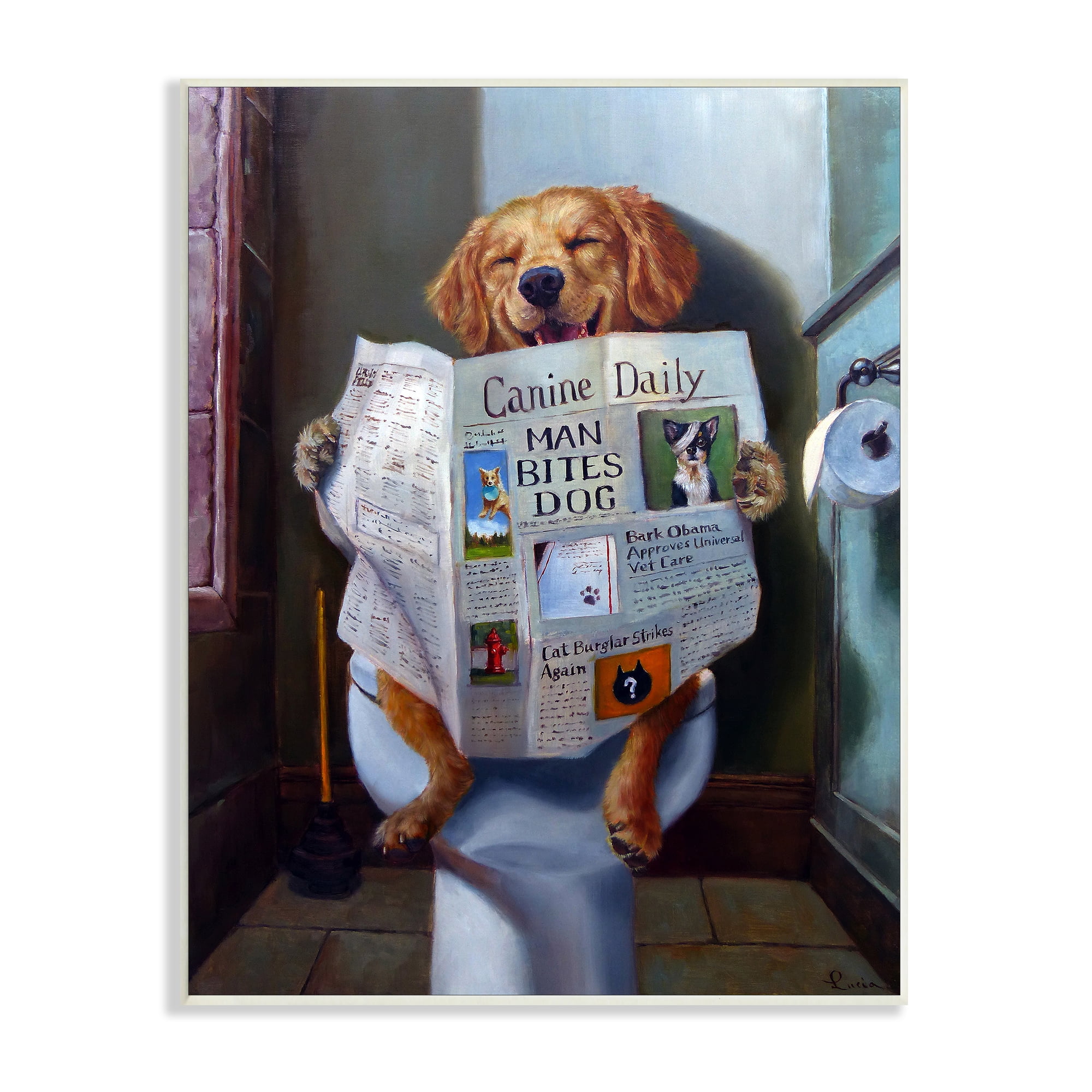 The Stupell Home Decor Collection Dog Reading the Newspaper On Toilet Funny Painting Oversized Wall Plaque Art, 12.5 x 0.5 x 18.5