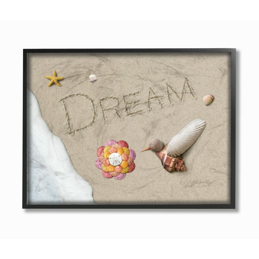 The Stupell Home Decor Collection Dream Written In Sand With Starfish Sand Dollar and Seashell Hummingbird Framed Giclee Texturized Art