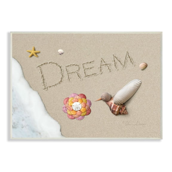 The Stupell Home Decor Collection Dream Written In Sand With Starfish Sand Dollar and Seashell Hummingbird Wall Plaque Art