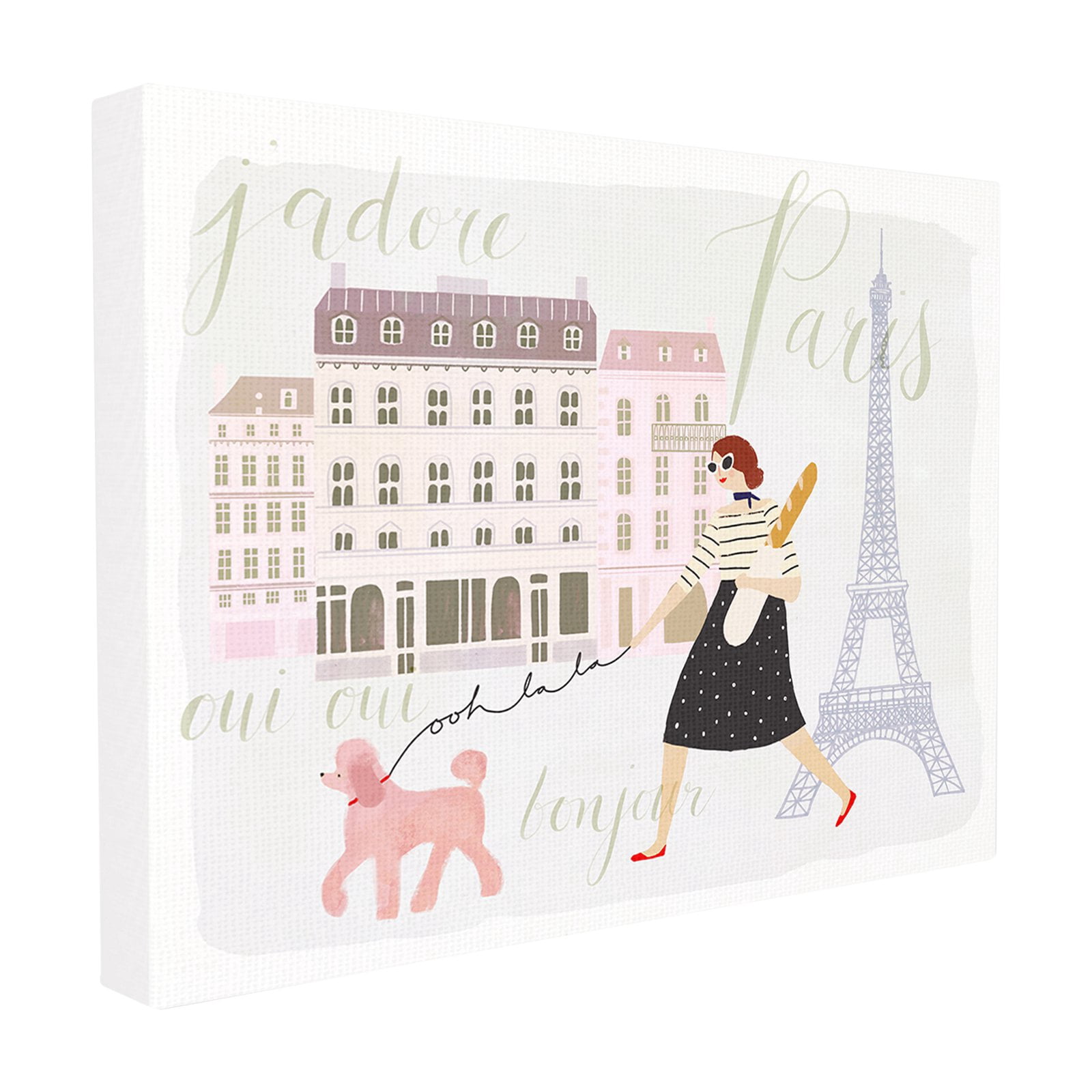 The Stupell Home Decor Collection Eiffel Tower Scene Paris Girl Walking Her Dog with Typography Stretched Canvas Wall Art, 16 x 1.5 x 20