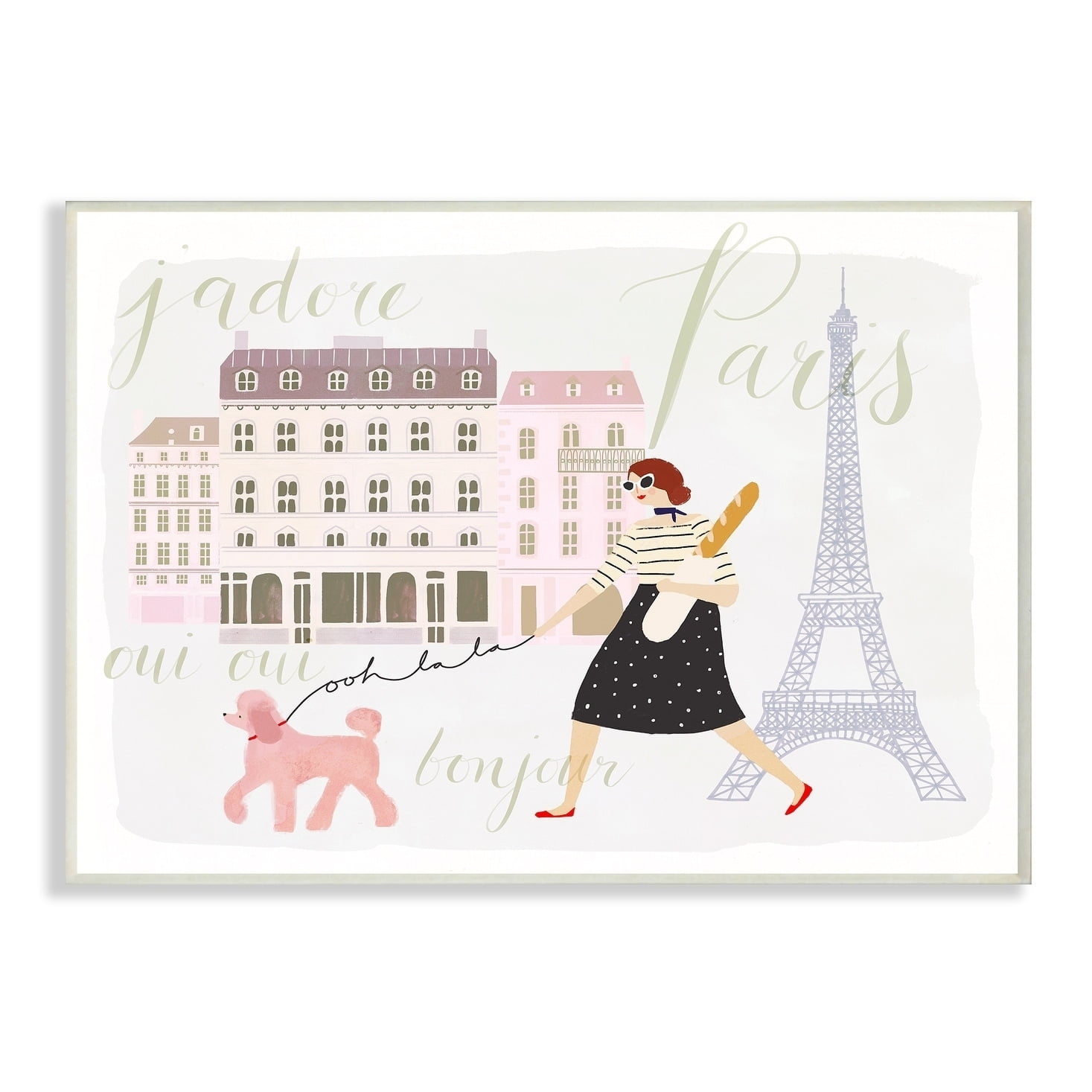 The Stupell Home Decor Collection Eiffel Tower Scene Paris Girl Walking Her Dog with Typography Wall Plaque Art, 10 x 0.5 x 15