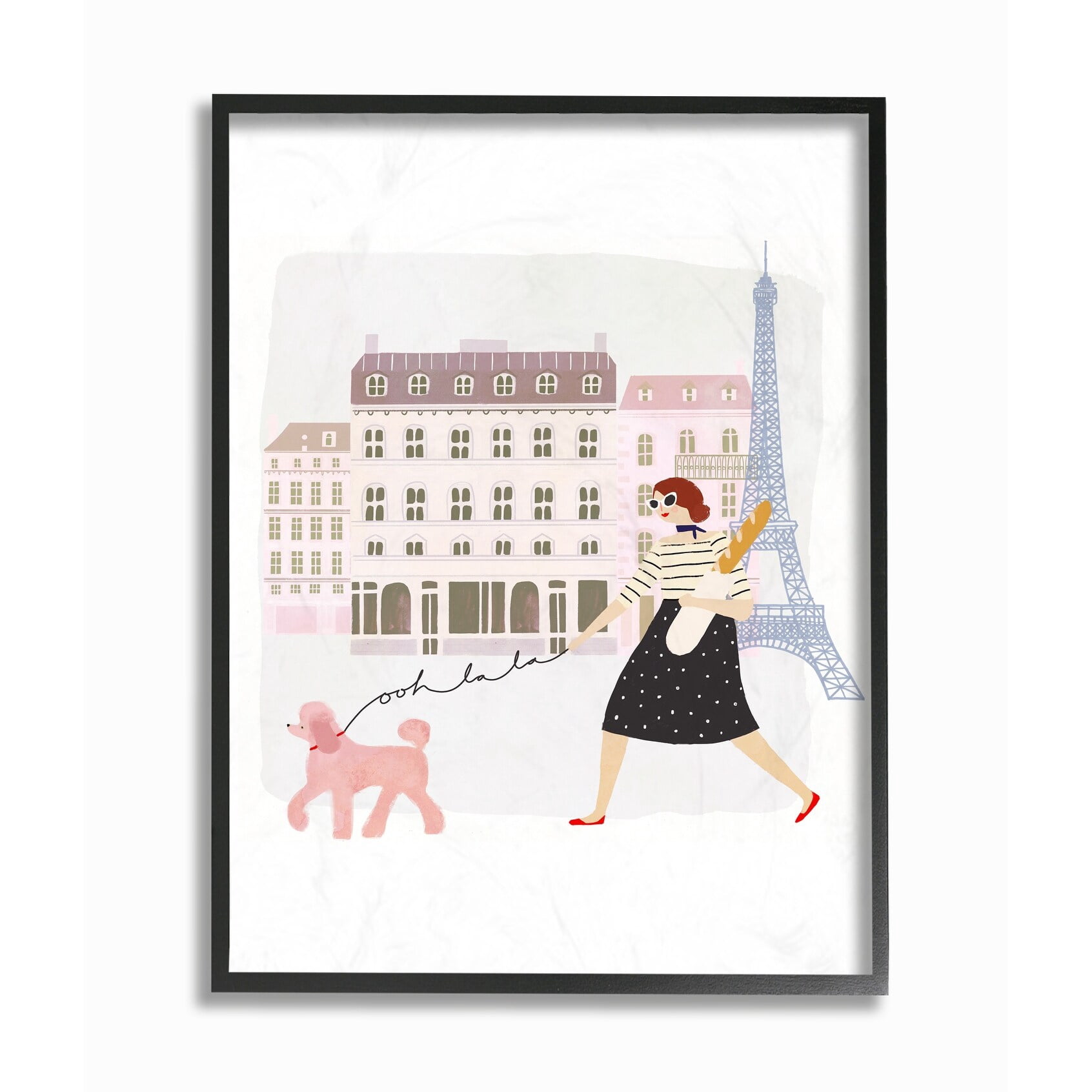 The Stupell Home Decor Collection Eiffel Tower Scene Paris Girl with a Baguette Walking Her Dog Oversized Framed Giclee Texturized Art, 16 x 1.5 x 20