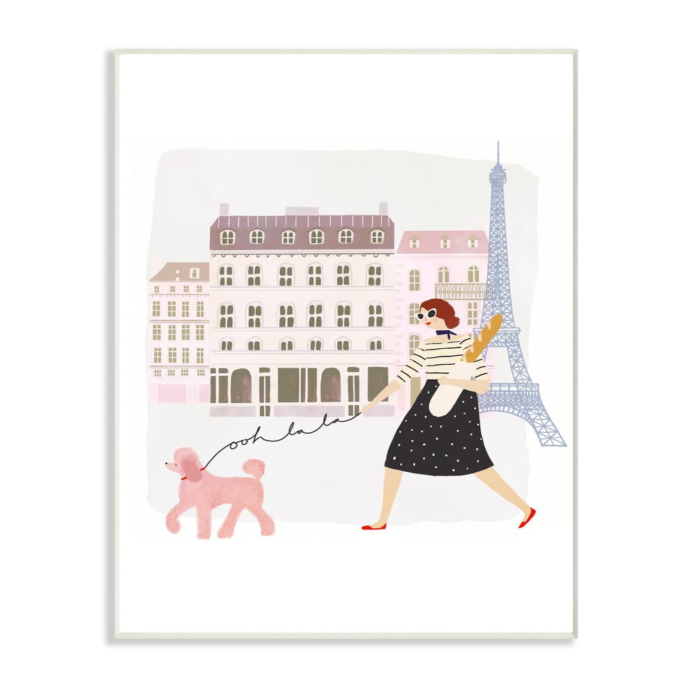 The Stupell Home Decor Collection Eiffel Tower Scene Paris Girl with a Baguette Walking Her Dog Wall Plaque Art, 10 x 0.5 x 15