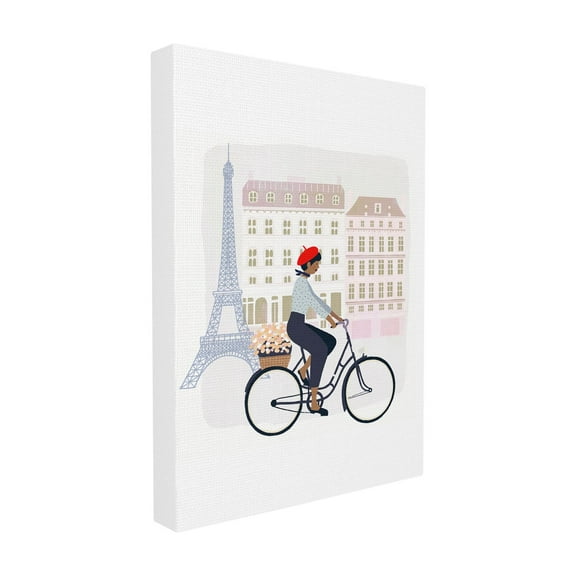 The Stupell Home Decor Collection Eiffel Tower Scene Paris Man in a Beret Riding His Bike Stretched Canvas Wall Art, 16 x 1.5 x 20