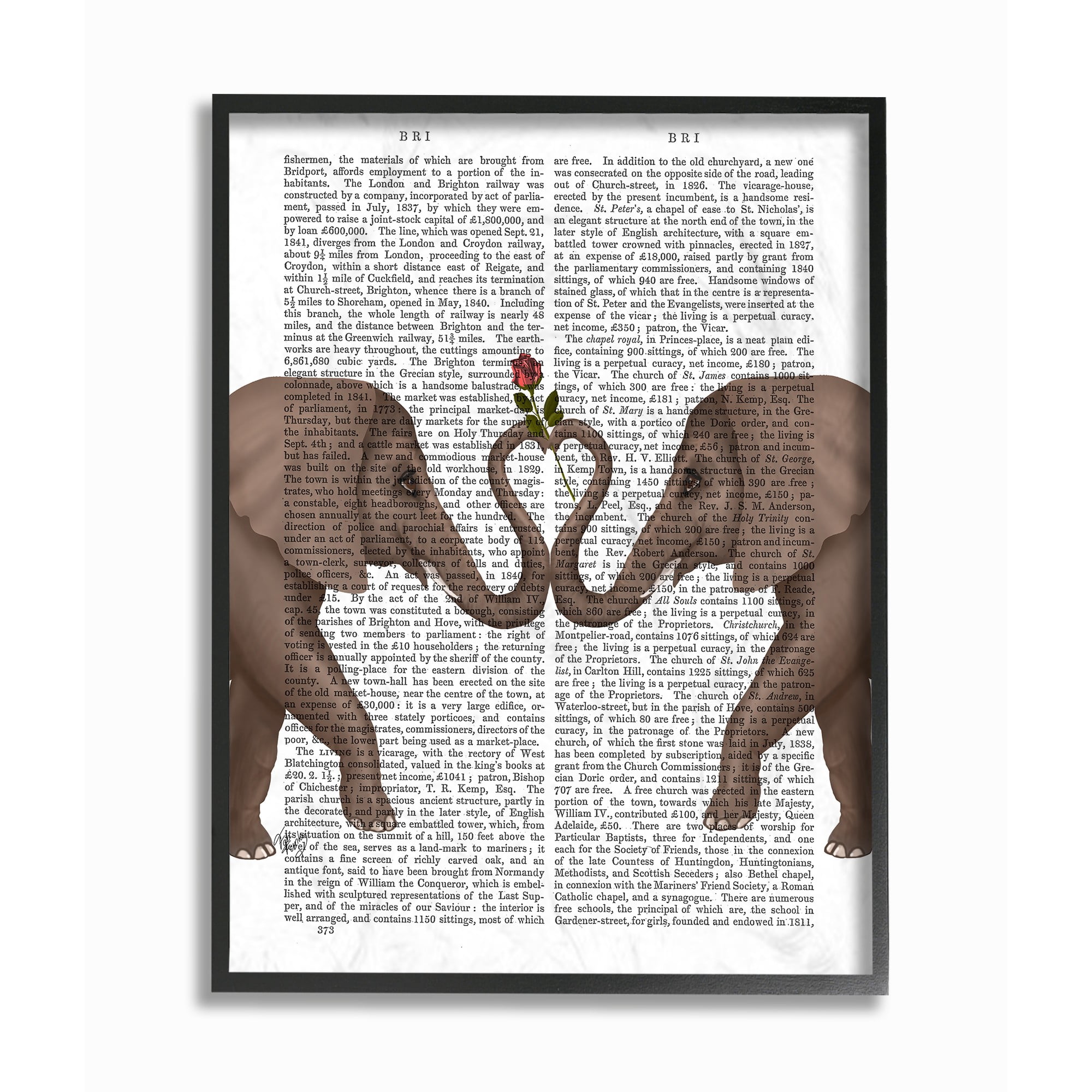 The Stupell Home Decor Collection Elephants Heart Rose Book Page Illustration Framed Giclee Texturized Art, 11 x 1.5 x 14