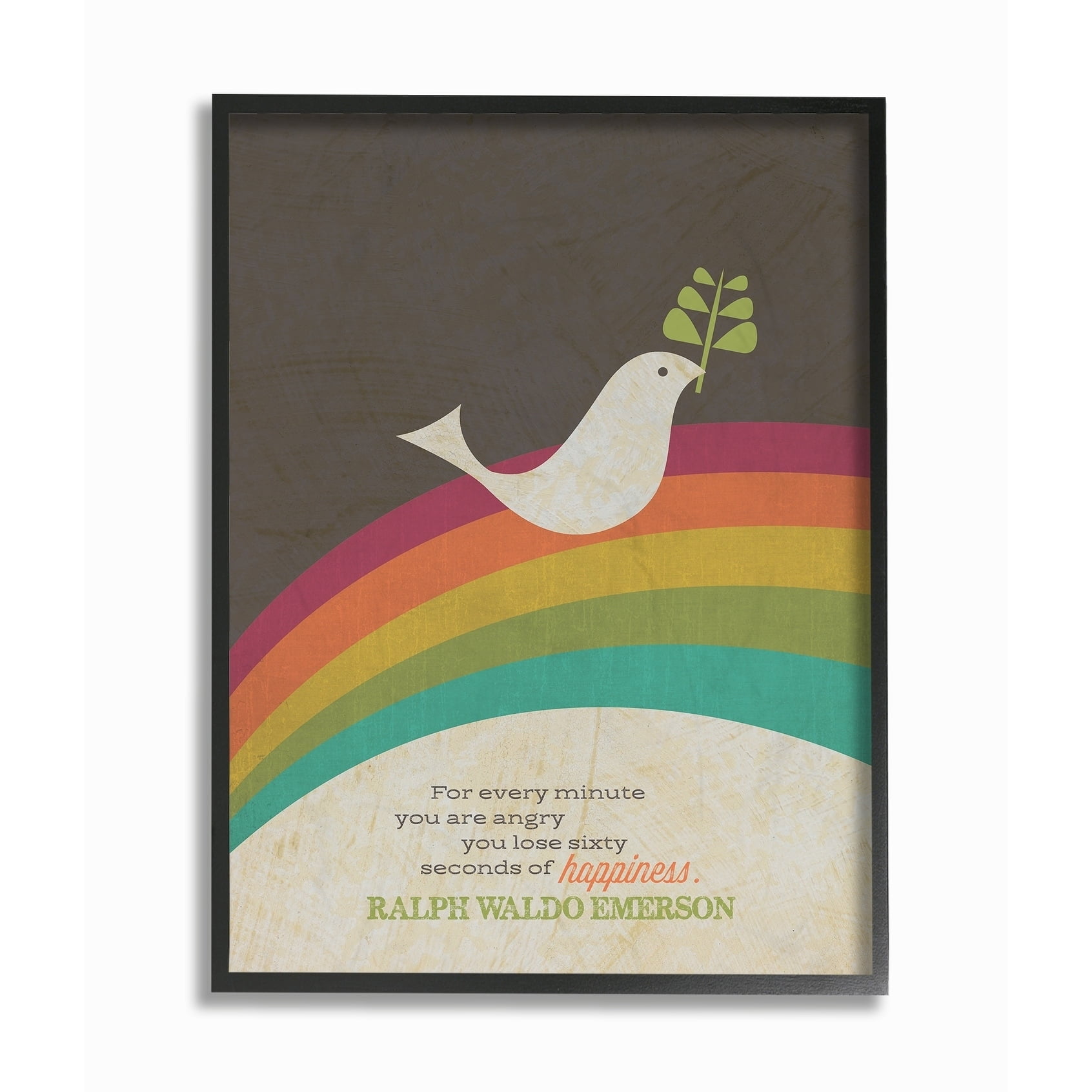 The Stupell Home Decor Collection Emerson Happiness Quote Typography Peace Dove with Branch and Rainbow Framed Giclee Texturized Art, 16 x 20