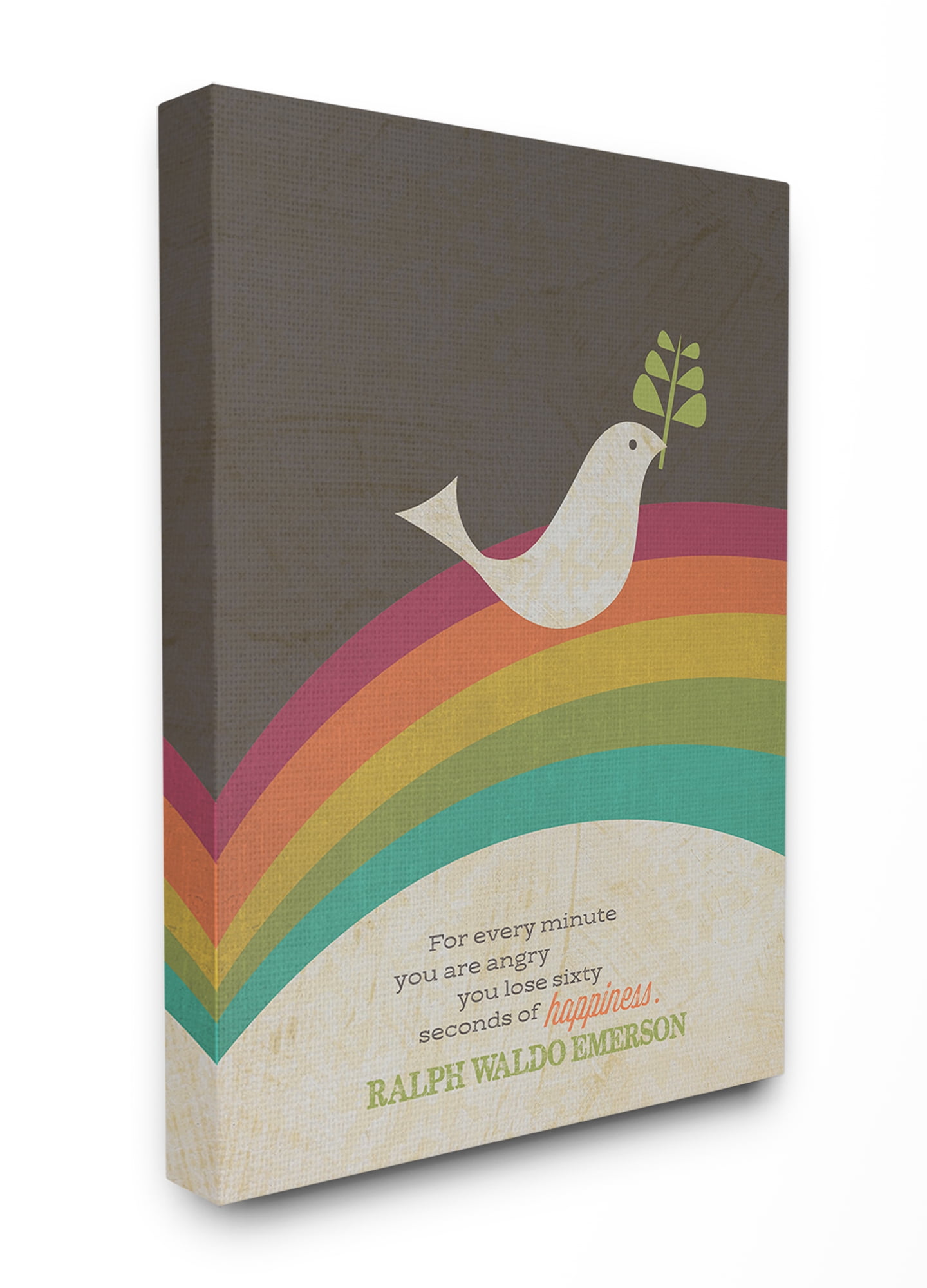 The Stupell Home Decor Collection Emerson Happiness Quote Typography Peace Dove with Branch and Rainbow Stretched Canvas Wall Art, 30 x 40