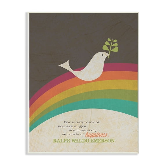 The Stupell Home Decor Collection Emerson Happiness Quote Typography Peace Dove with Branch and Rainbow Wall Plaque Art, 10 x 15