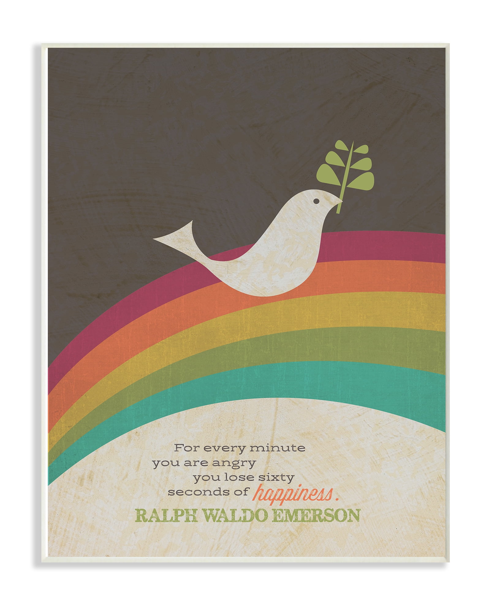 The Stupell Home Decor Collection Emerson Happiness Quote Typography Peace Dove with Branch and Rainbow Wall Plaque Art, 12.5 x 18.5