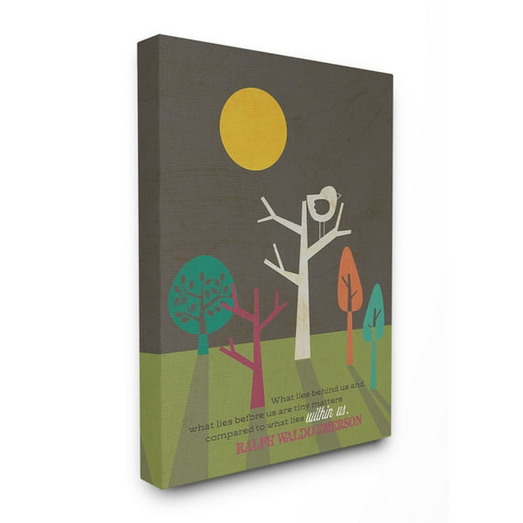 The Stupell Home Decor Collection Emerson What Lies Within Us Quote Typography Mod Bird And Trees Stretched Canvas Wall Art, 24 x 30