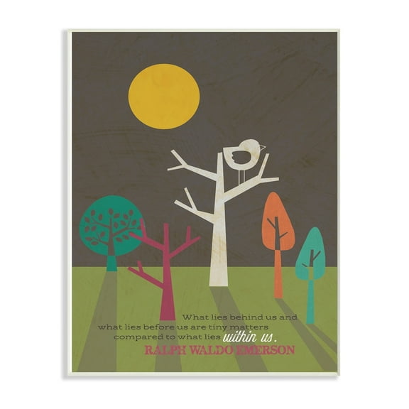 The Stupell Home Decor Collection Emerson What Lies Within Us Quote Typography Mod Bird And Trees Wall Plaque Art, 10 x 15