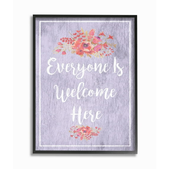 The Stupell Home Decor Collection Everyone Is Welcome Here Purple Floral Framed Giclee Texturized Art, 11 x 1.5 x 14