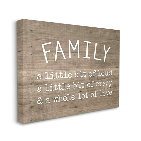 The Stupell Home Decor Collection Family is Loud Crazy Love Rustic Wood Look Typography Oversized Stretched Canvas Wall Art, 24 x 1.5 x 30