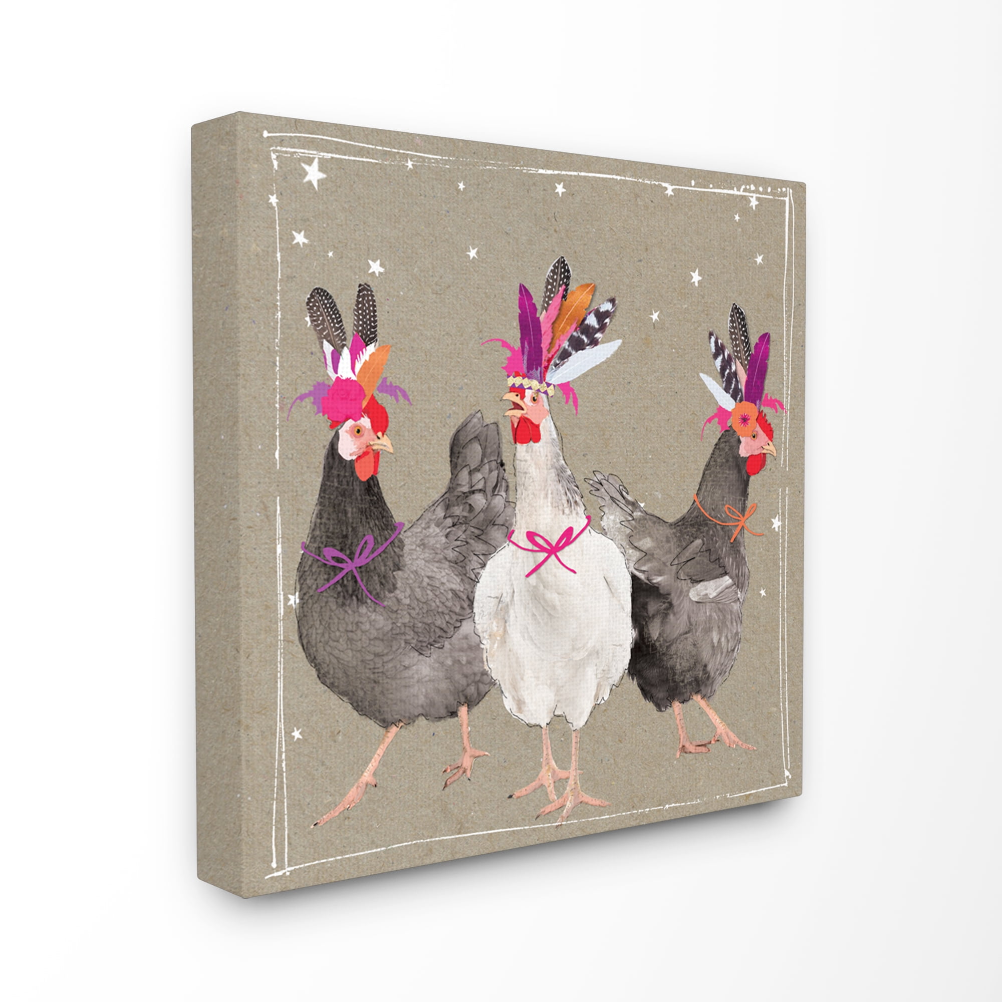 The Stupell Home Decor Collection Fancy Pants Chickens in Headdresses Pow Wow Stretched Canvas Wall Art, 17 x 1.5 x 17