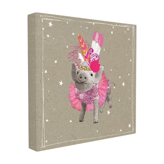 The Stupell Home Decor Collection Fancy Pants Piglet in Pink Tutu and Feathers Oversized Stretched Canvas Wall Art, 24 x 1.5 x 24