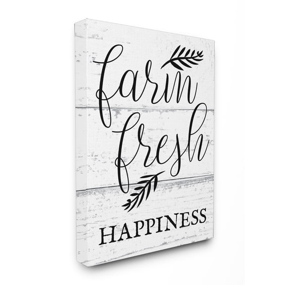 The Stupell Home Decor Collection Farm Fresh Happiness Black and White Script Oversized Stretched Canvas Wall Art, 24 x 1.5 x 30