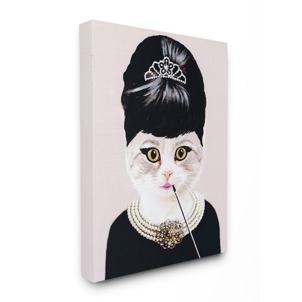 Elegant Cat Portrait Canvas Wall Art with Jewelry, 16 x 20