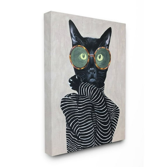 The Stupell Home Decor Collection Fashion Feline Striped Shirt And Round Glasses Cat Canvas Wall Art