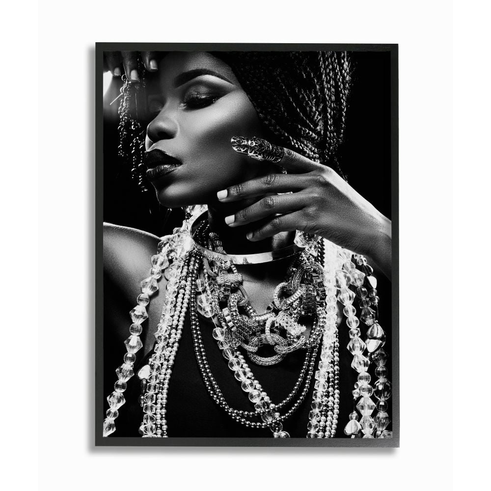 The Stupell Home Decor Collection Fashion Model Adorned in Jewelry Black and White Portrait Framed Giclee Texturized Art